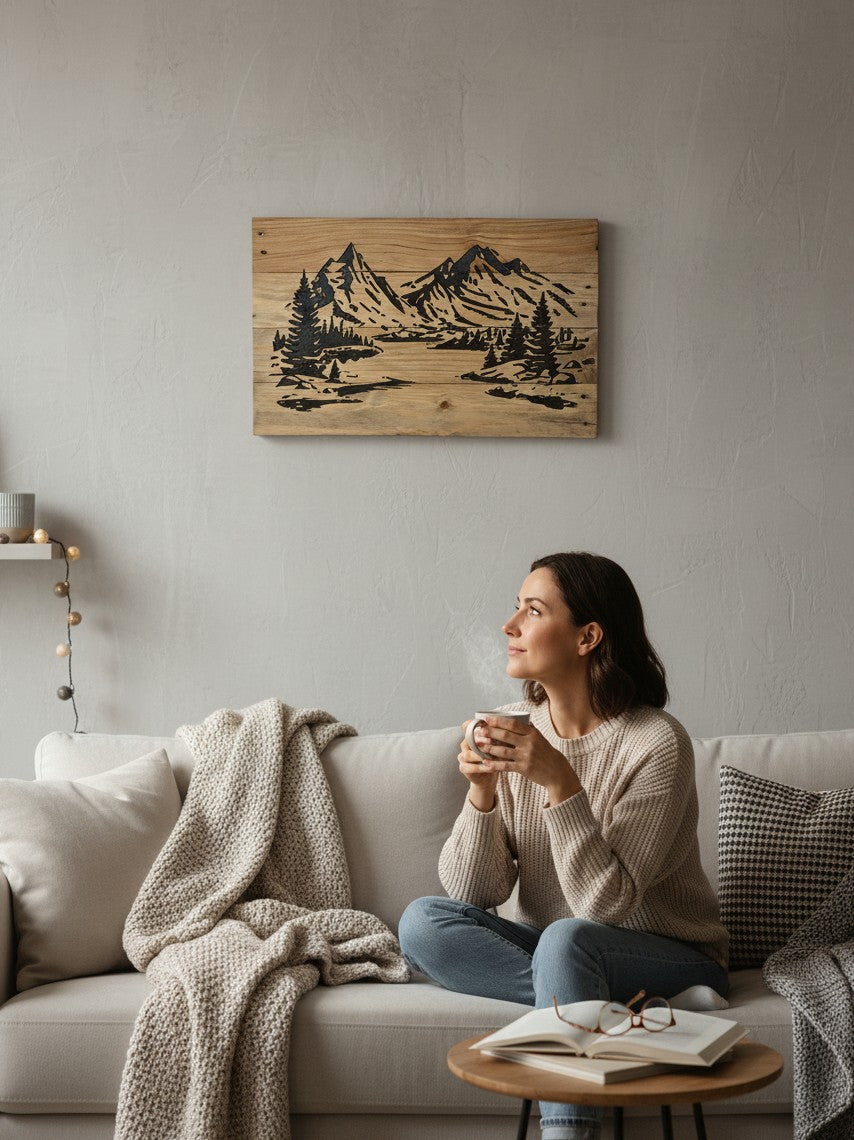Woman sitting on a sofa with a mug, looking at TK Wood Designs handcrafted mountain landscape wood wall art.