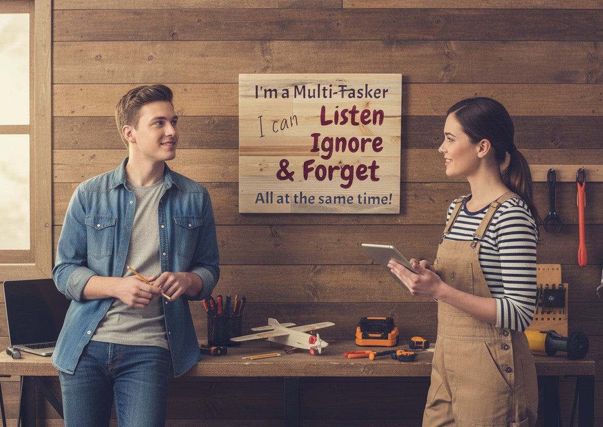 TK Wood Designs wooden sign with purple text: I'm a Multi-Tasker. I can Listen, Ignore & Forget all at the same time!