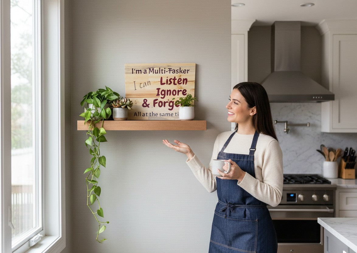 TK Wood Designs wooden sign with purple text: "I'm a Multi-Tasker I can Listen Ignore & Forget All at the same time!"