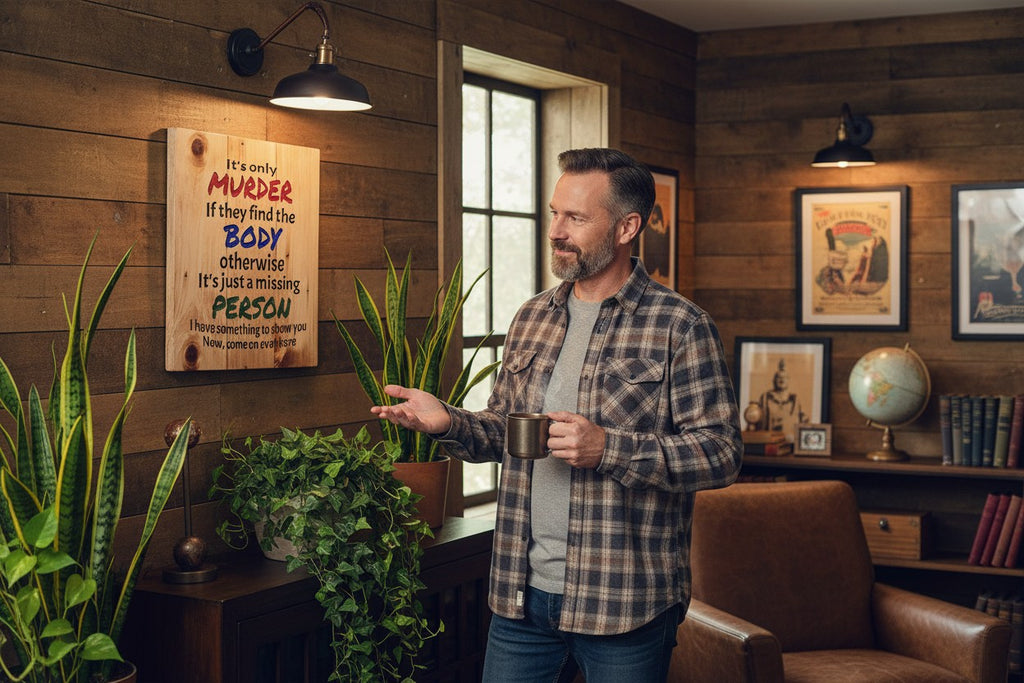 TK Wood Designs wooden sign with carved text: "It's only MURDER If they find the BODY otherwise It's just a missing PERSON I have something to show you Now, come on over here."