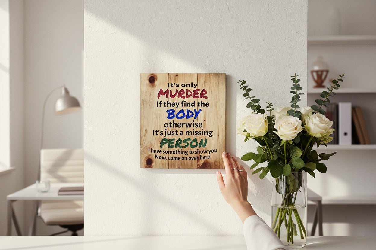 TK Wood Designs wooden sign with carved text: "It's only MURDER If they find the BODY otherwise It's just a missing PERSON I have something to show you Now, come on over here."