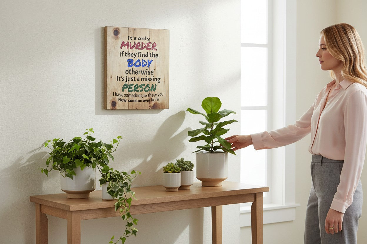 TK Wood Designs wooden sign with a humorous quote about murder and missing persons, featuring carved text in red, blue, and green.