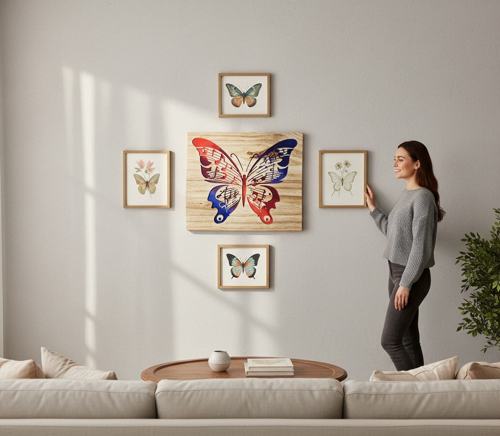 TK Wood Designs Music Note Butterfly wall art, handcrafted from salvaged wood with red, blue, and purple painted details.