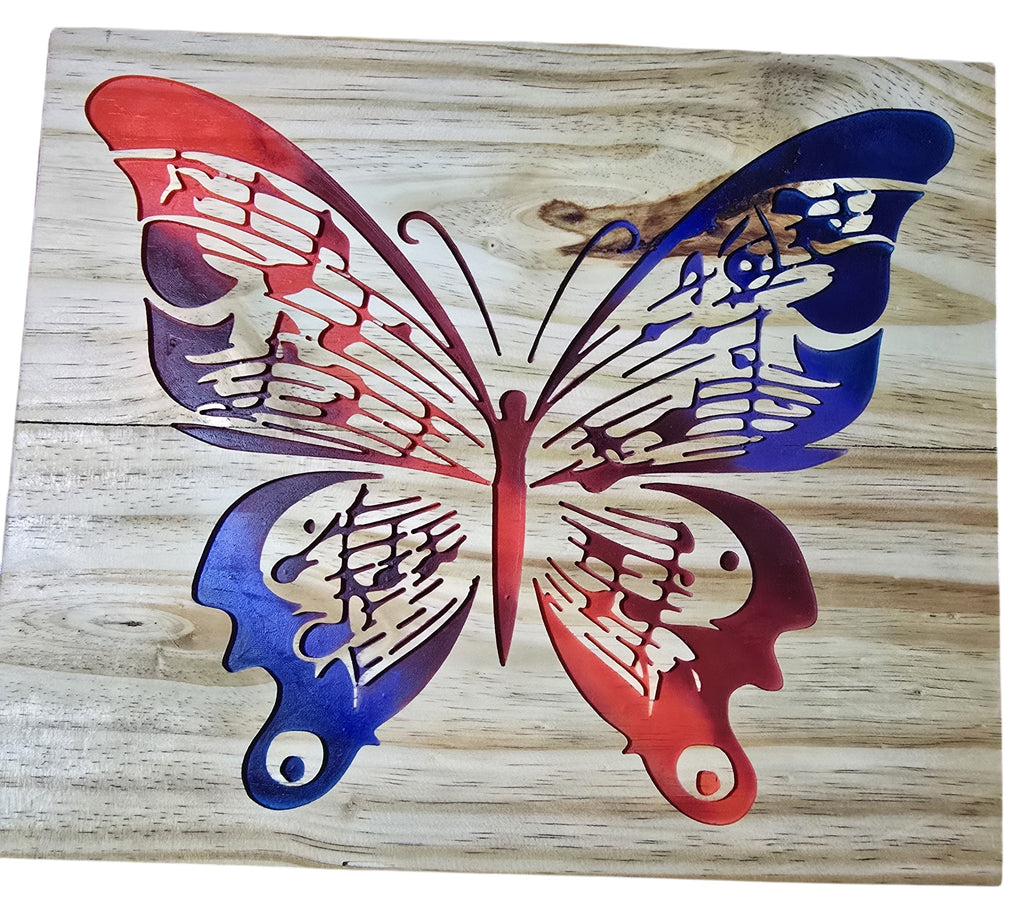TK Wood Designs Music Note Butterfly wall art, handcrafted from salvaged wood with red, blue, and purple painted details.