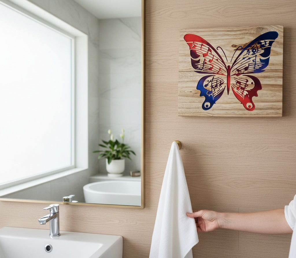 TK Wood Designs Music Note Butterfly wall art, handcrafted from salvaged wood, painted red, blue, and purple.