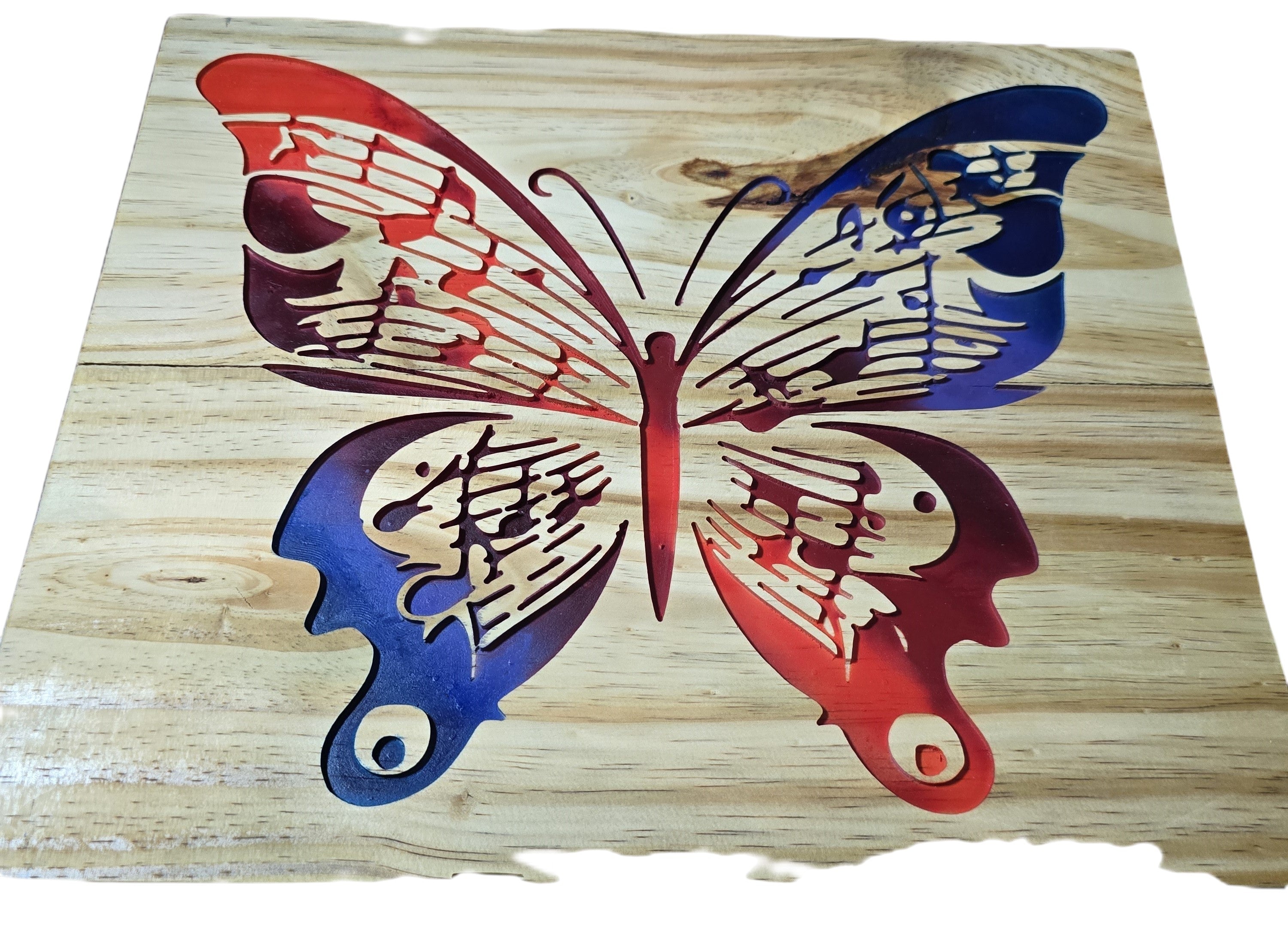TK Wood Designs Music Note Butterfly wall art, handcrafted from salvaged wood, featuring red and blue painted wings with musical notes.