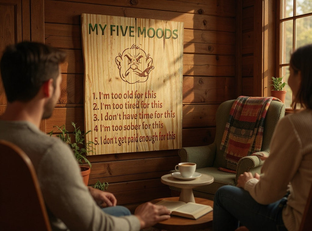 TK Wood Designs My Five Moods rustic wooden wall sign featuring a grumpy character, displayed in a cozy cabin room.