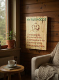 TK Wood Designs My Five Moods rustic wooden wall sign with a grumpy character illustration and funny text.