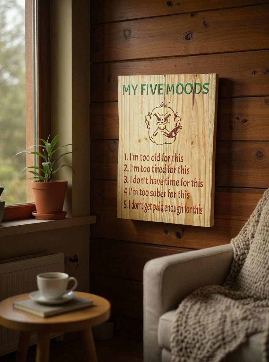 TK Wood Designs My Five Moods rustic wooden wall sign with a grumpy character illustration and funny text.