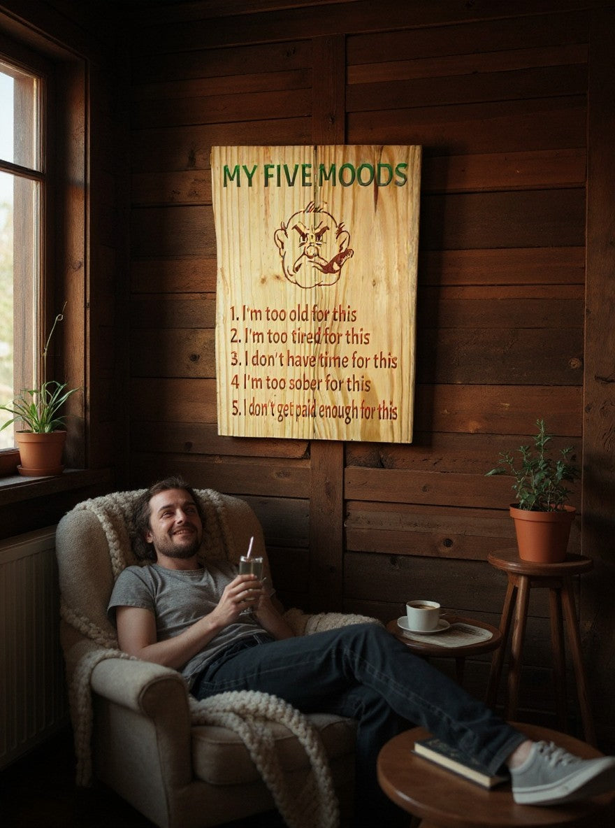 TK Wood Designs My Five Moods rustic wooden wall sign with humorous character illustration in a cozy living room.