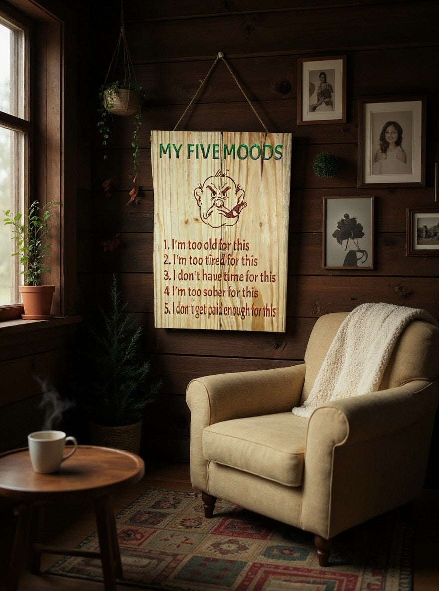 TK Wood Designs My Five Moods rustic wooden wall sign with humorous character illustration hanging in a cozy room.