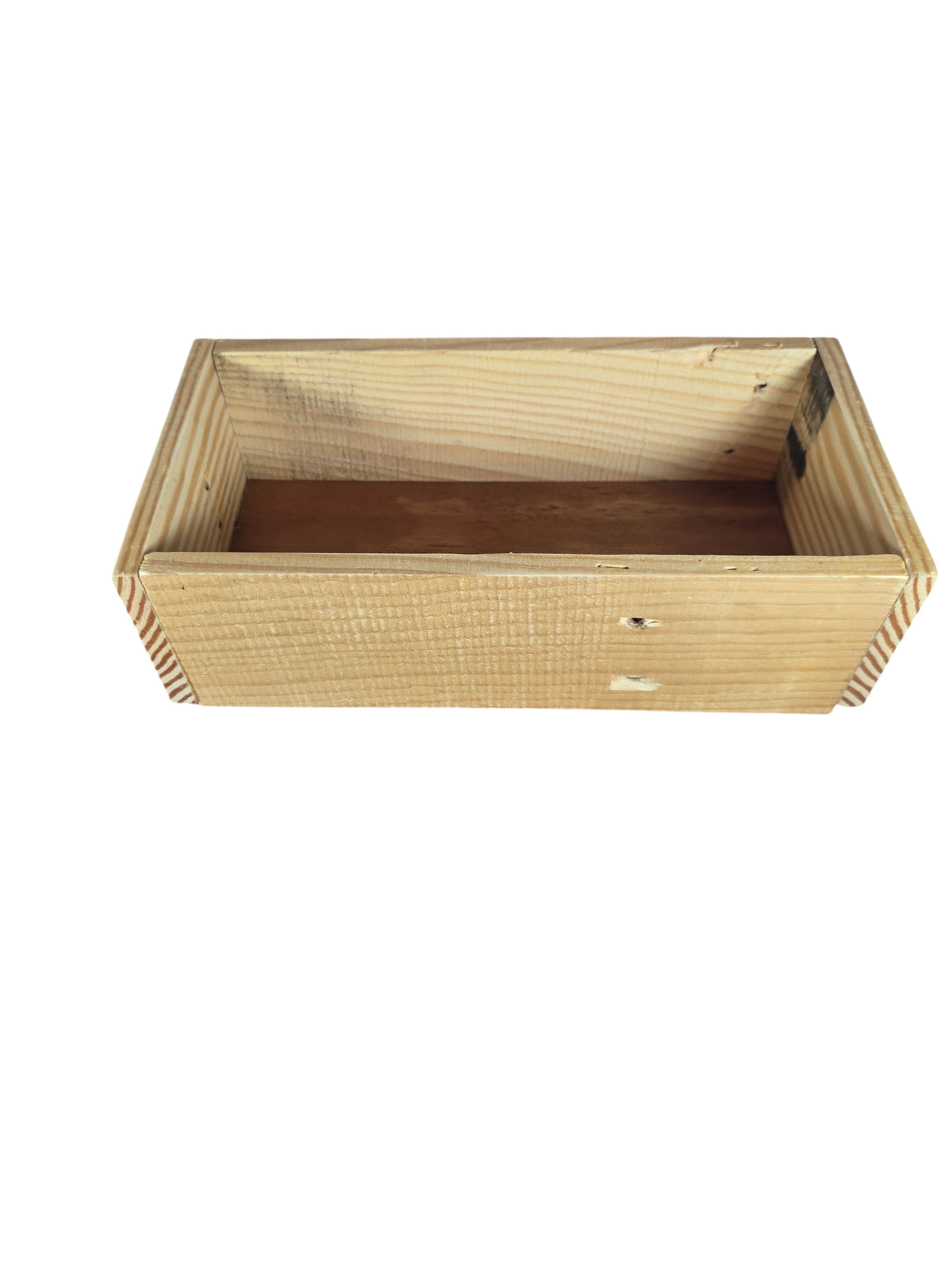 TK Wood Designs handcrafted natural wood storage tray with a rustic, minimalist open-top design for home organization.