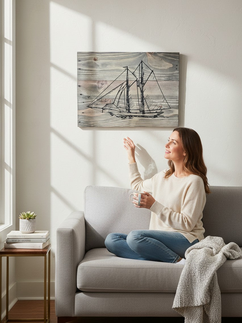 A woman sitting on a sofa admiring TK Wood Designs handcrafted nautical sailboat wall art on a rustic wood panel.