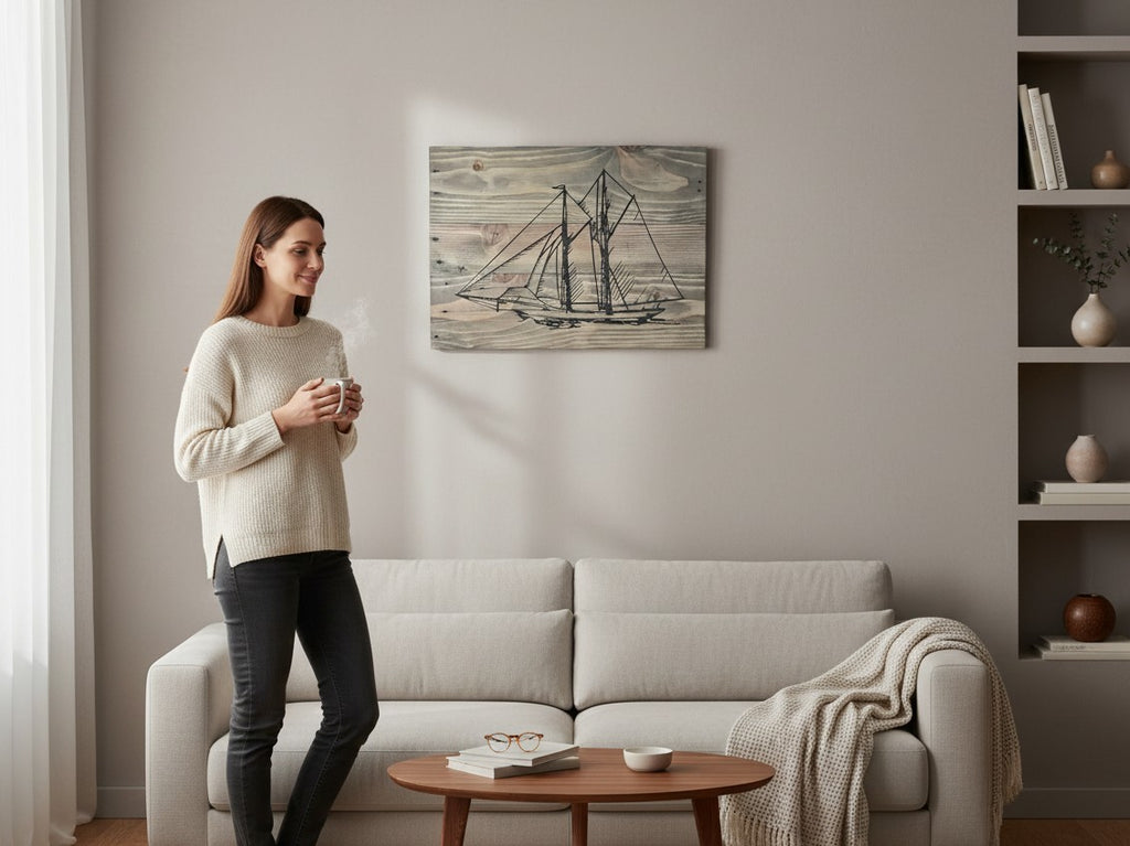 Woman standing in a living room next to TK Wood Designs handcrafted nautical sailboat wall art on weathered wood