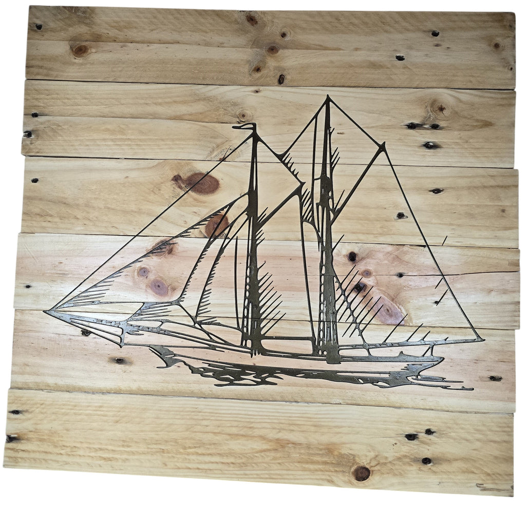 TK Wood Designs Nautical Sailboat Wood Wall Art. Natural wood planks with etched sailboat design. Rustic maritime decor.