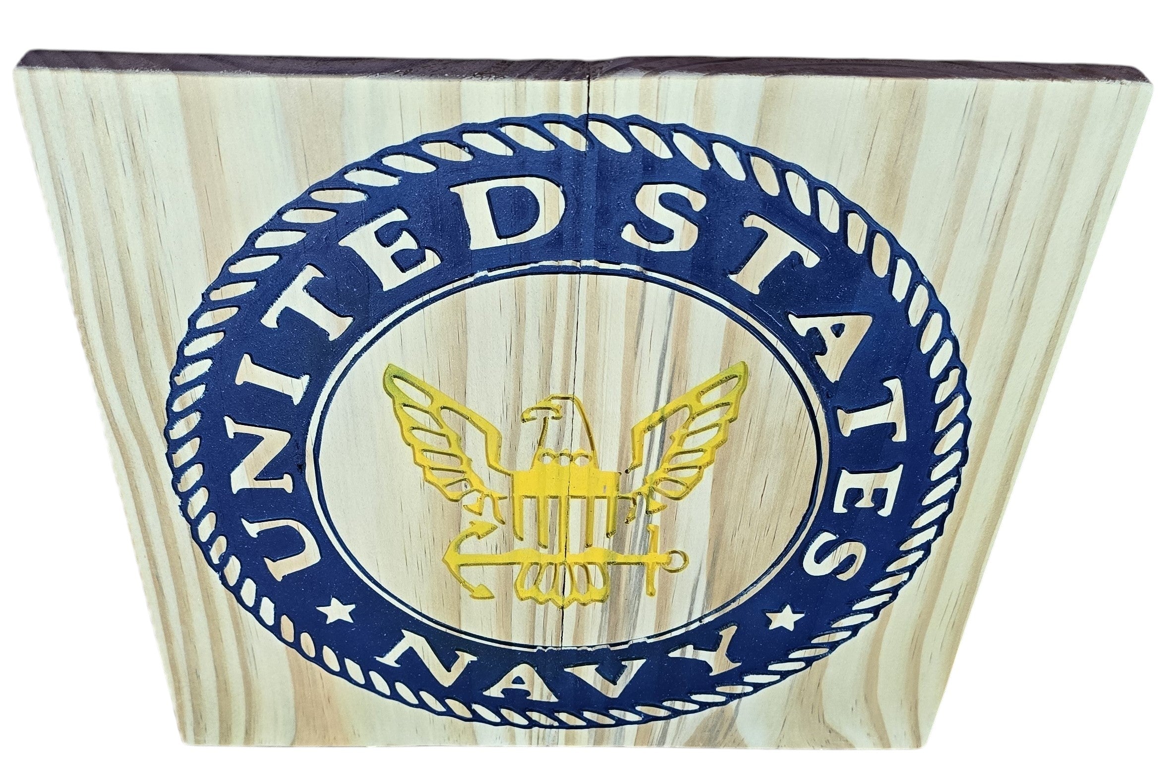 TK Wood Designs United States Navy emblem wall art, natural wood with blue and gold eagle and anchor design.