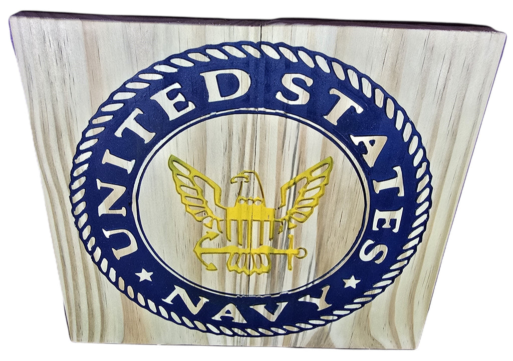 TK Wood Designs United States Navy emblem wall art on natural wood with blue and gold details. Features eagle and anchor.