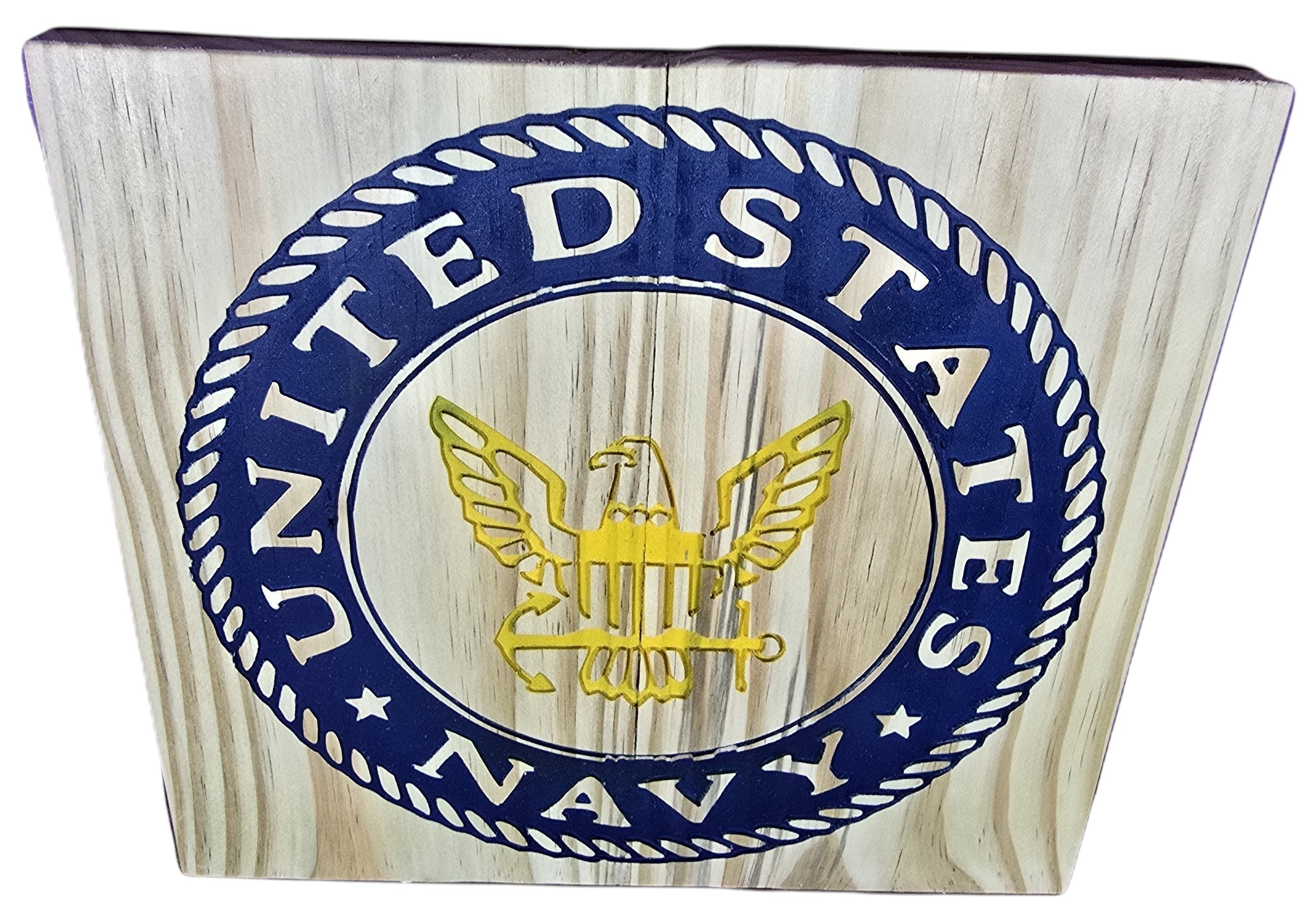 TK Wood Designs United States Navy emblem wall art on natural wood with blue and gold details. Features eagle and anchor.