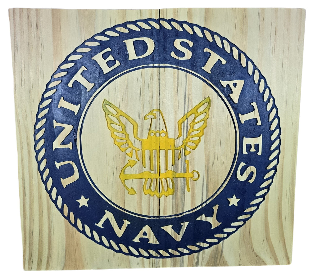 TK Wood Designs United States Navy emblem wall art, natural wood with blue and gold eagle and anchor design.