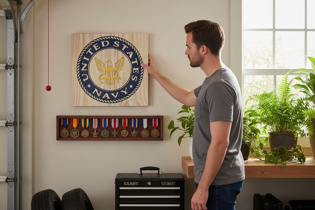 TK Wood Designs navy blue and yellow United States Navy emblem carved on light wood.