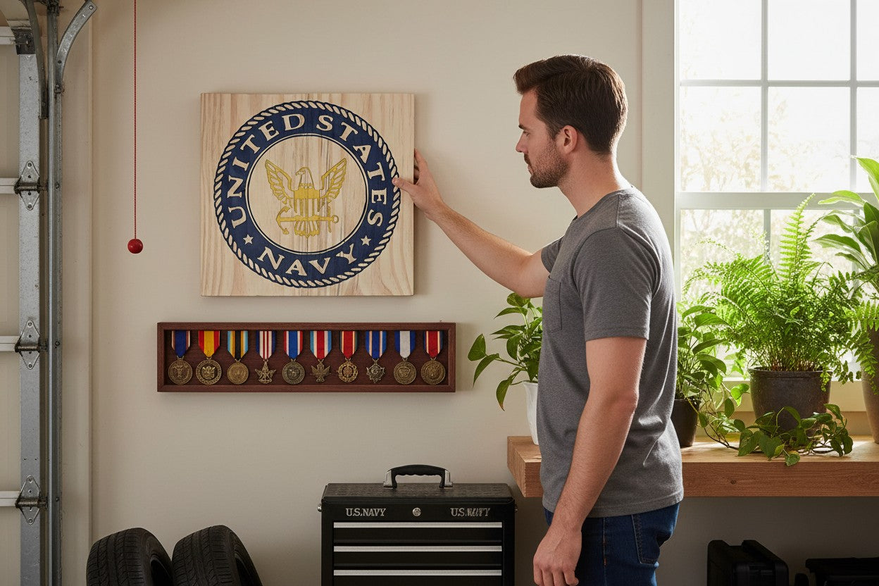 TK Wood Designs navy blue and yellow United States Navy emblem carved on light wood.