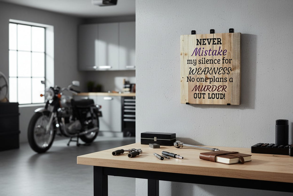 TK Wood Designs wooden sign with quote "Never mistake my silence for weakness. No one plans a murder out loud!"