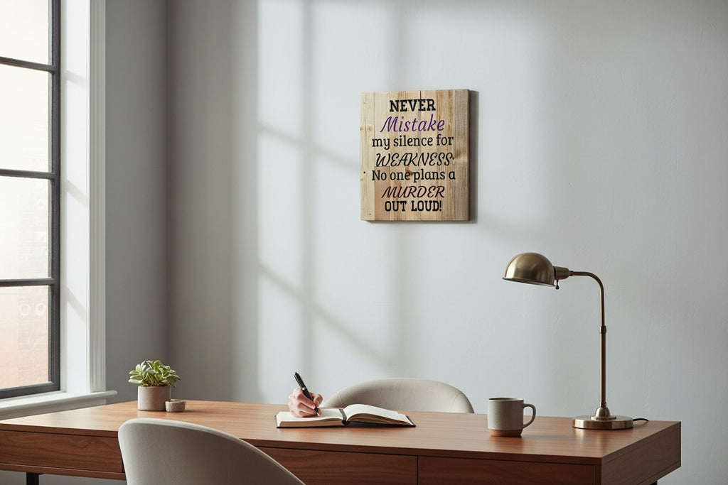 TK Wood Designs wooden sign with text "NEVER Mistake my silence for WEAKNESS No one plans a MURDER OUT LOUD!"