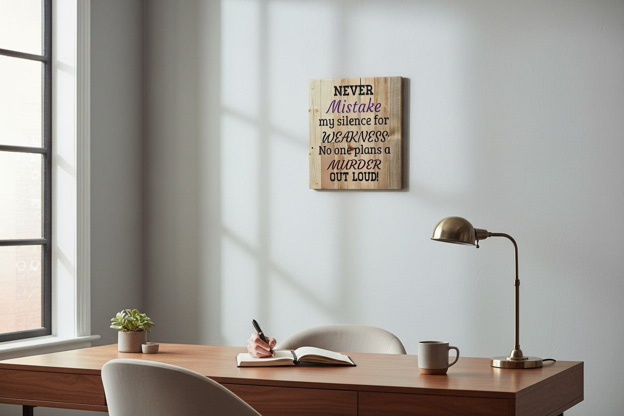 TK Wood Designs wooden sign with text "NEVER Mistake my silence for WEAKNESS No one plans a MURDER OUT LOUD!"