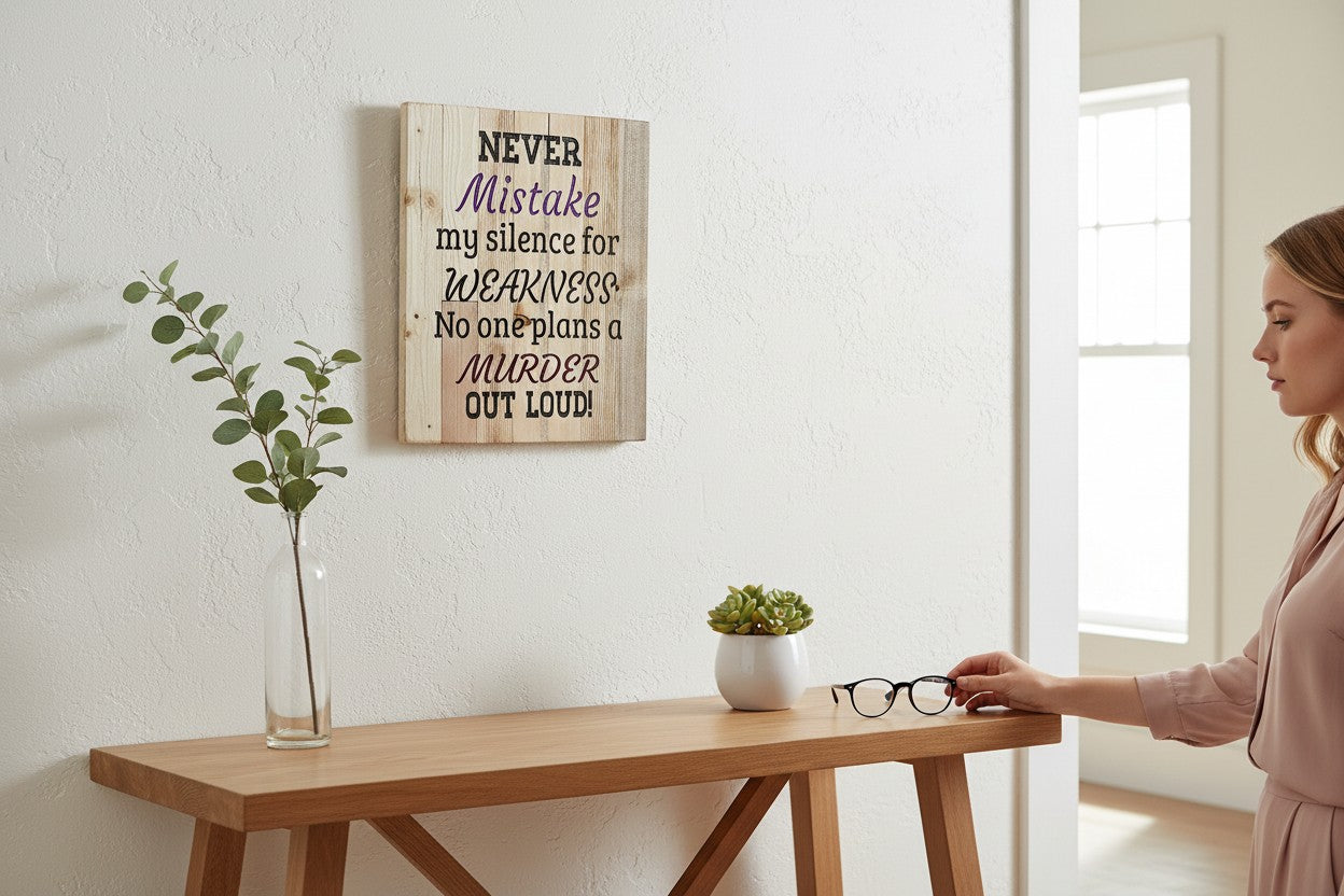 TK Wood Designs wooden sign with text "NEVER Mistake my silence for WEAKNESS No one plans a MURDER OUT LOUD!"