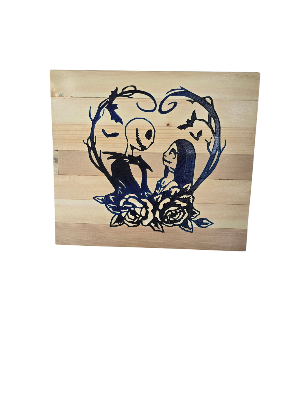 TK Wood Designs Nightmare Before Christmas heart art with Jack & Sally silhouettes, roses, and bats on wood planks.