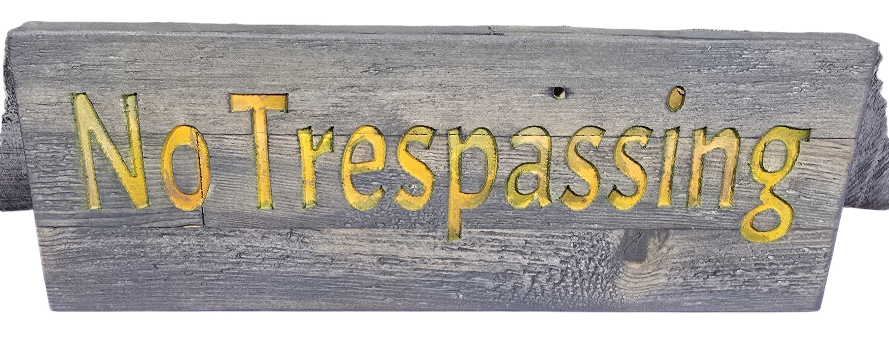 TK Wood Designs rustic grey wooden sign with routed yellow "No Trespassing" lettering. 5 1/2" H x 13" L.
