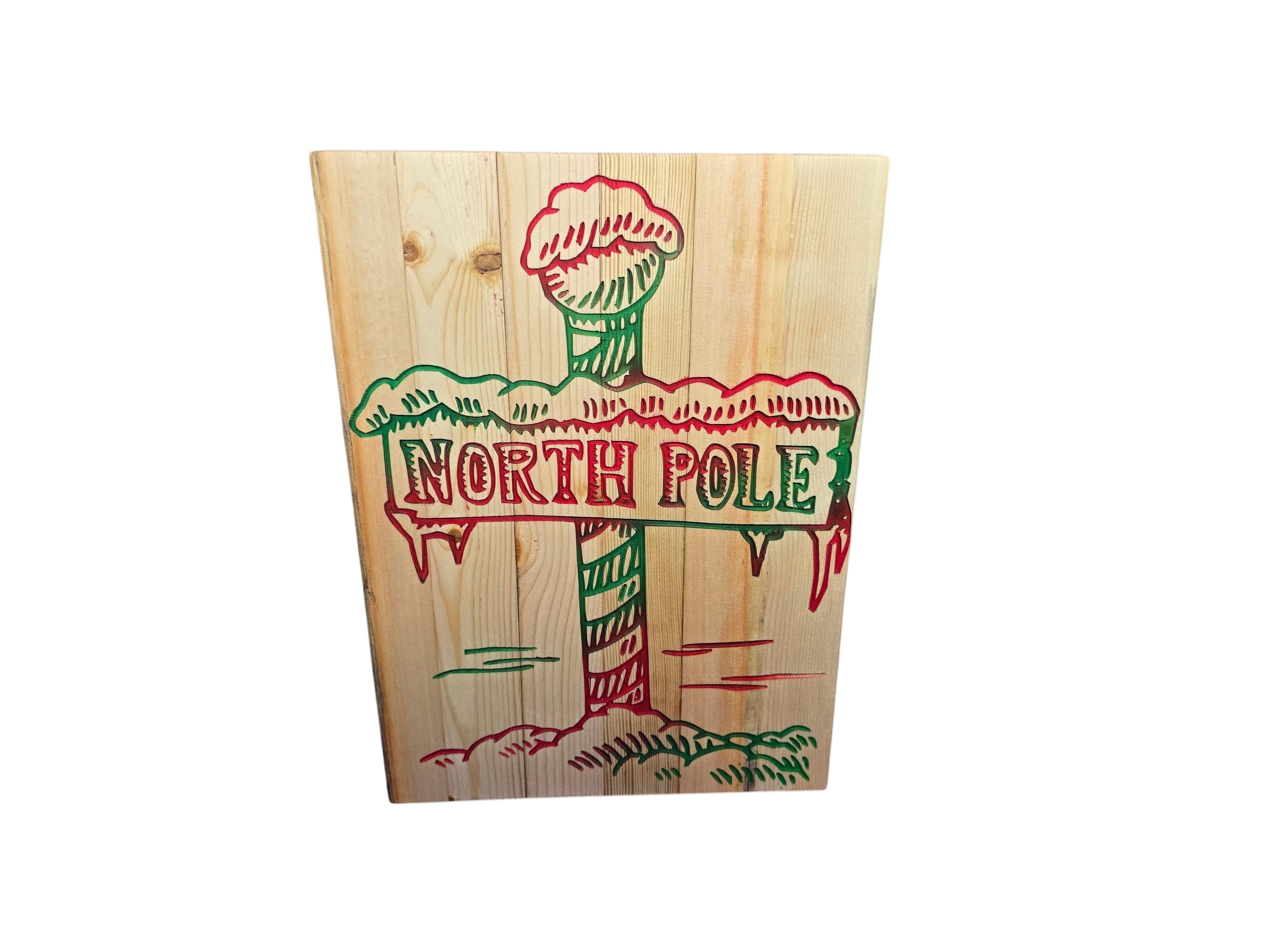 TK Wood Designs North Pole rustic reclaimed wood Christmas sign, hand-painted with red and green details.