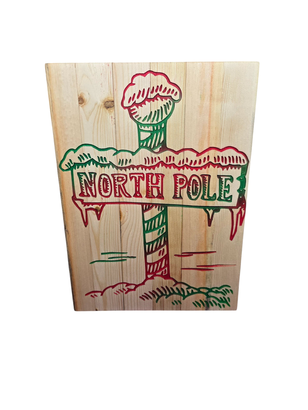 TK Wood Designs North Pole rustic reclaimed wood Christmas sign, hand-painted with red and green accents.