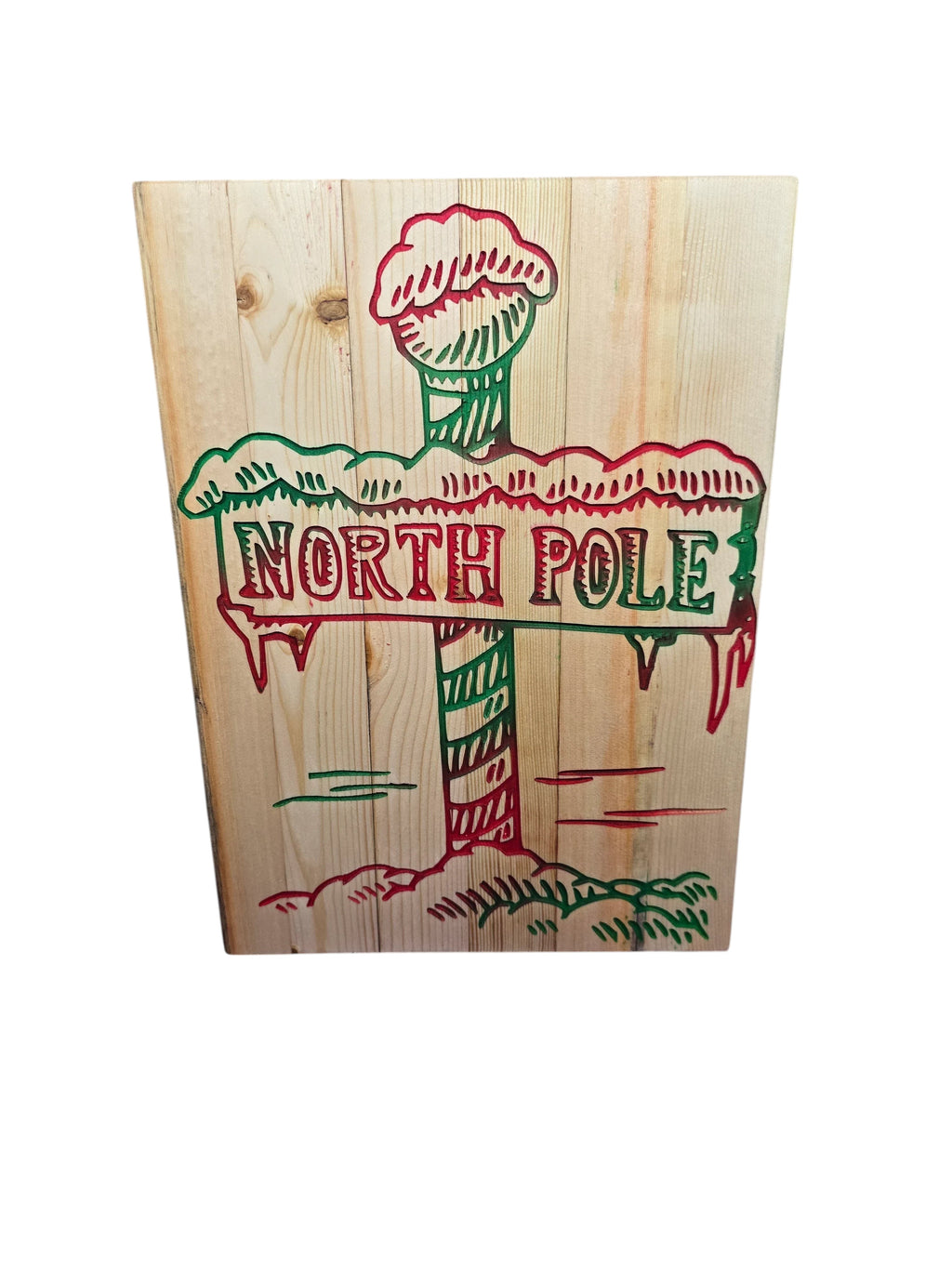 TK Wood Designs North Pole rustic reclaimed wood Christmas sign, hand-painted with red and green festive details.