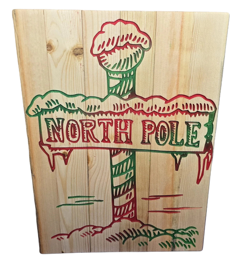 TK Wood Designs North Pole rustic reclaimed wood Christmas sign, hand-painted with red and green.