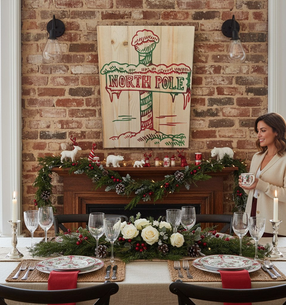 TK Wood Designs North Pole rustic reclaimed wood Christmas sign, hand-painted with red and green.