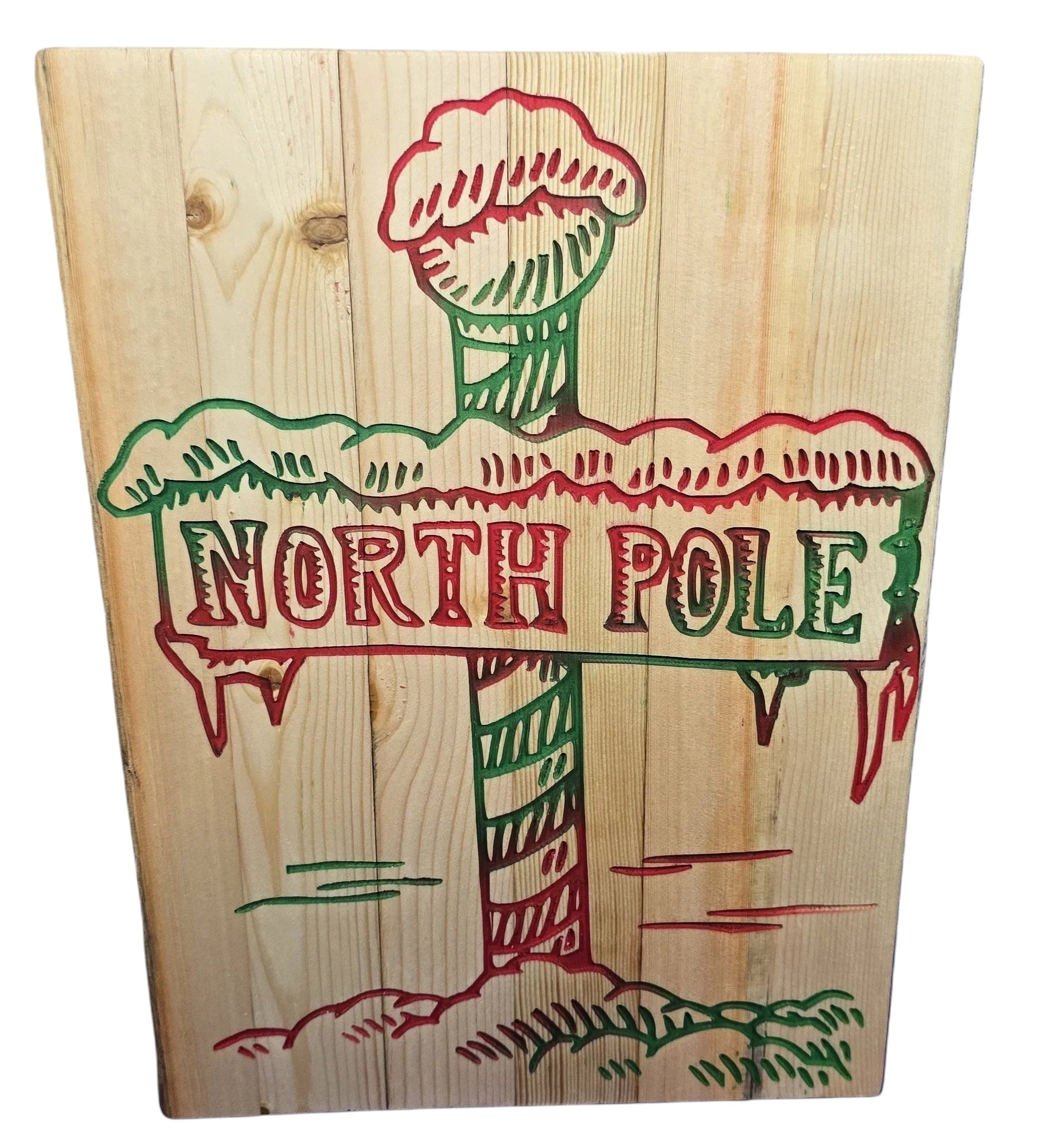 TK Wood Designs North Pole rustic reclaimed wood Christmas sign, hand-painted red and green.