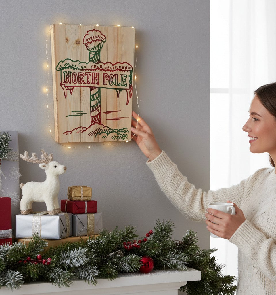 TK Wood Designs North Pole rustic reclaimed wood Christmas sign, hand-painted with red and green festive details.