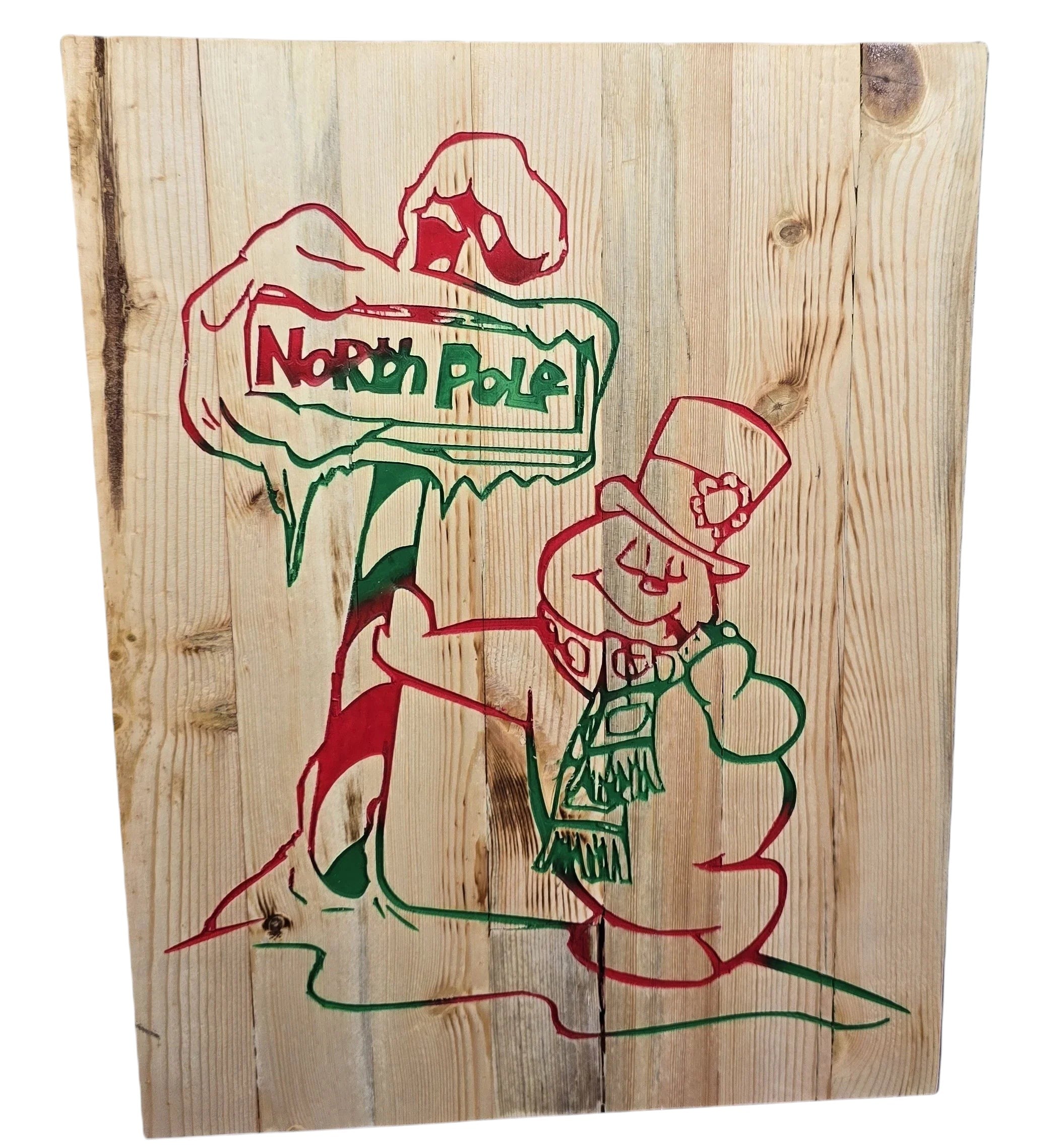 TK Wood Designs handmade rustic reclaimed wood sign with red and green North Pole text and snowman graphic.
