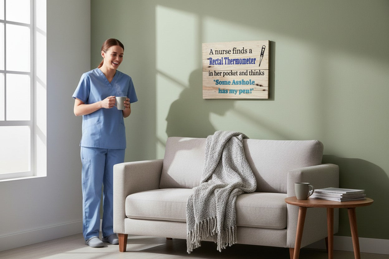 TK Wood Designs rustic wooden wall sign with humorous nurse quote hanging above a sofa in a bright living room.