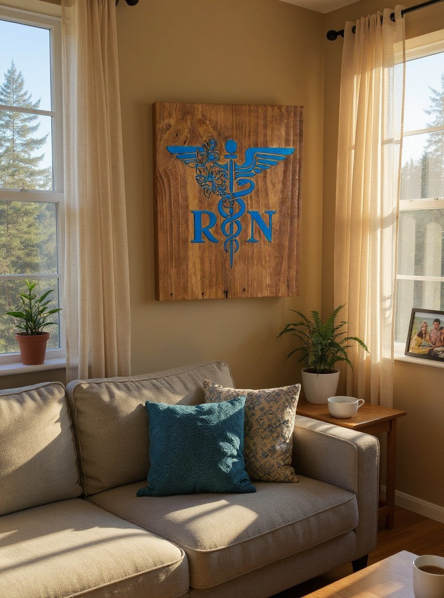 TK Wood Designs registered nurse wall sign with blue caduceus symbol on rustic natural wood grain in a living room.
