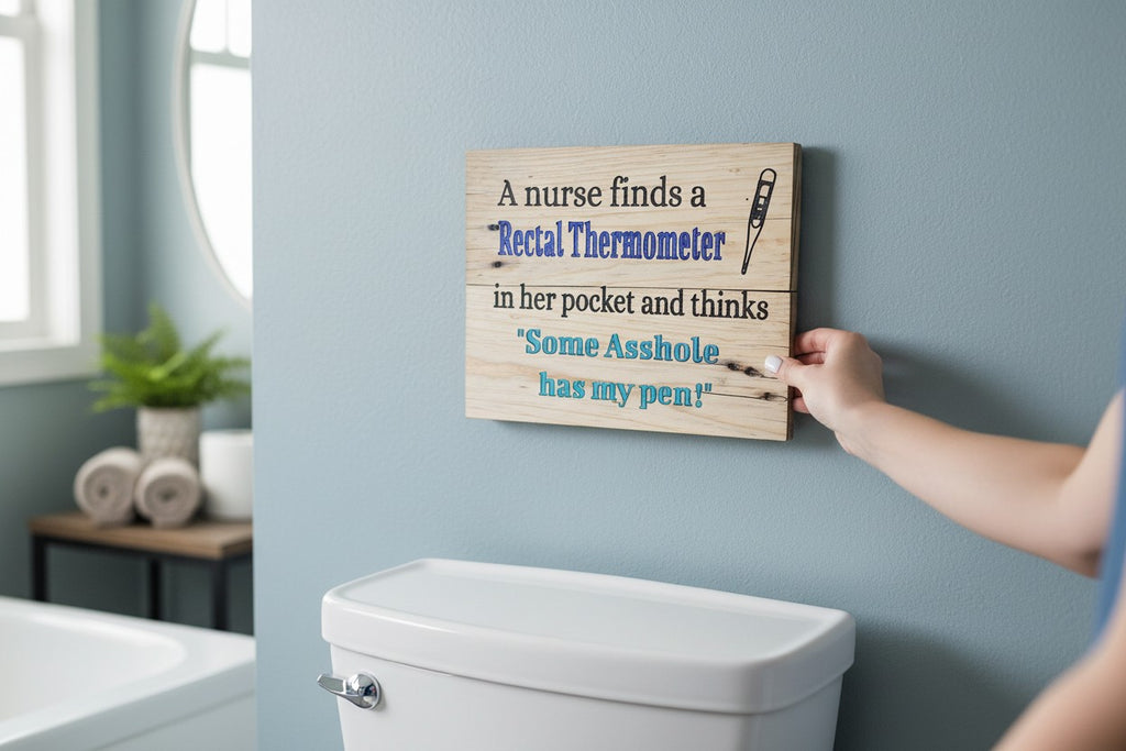 TK Wood Designs humorous nurse wooden wall sign with witty medical text hanging on a light blue bathroom wall.