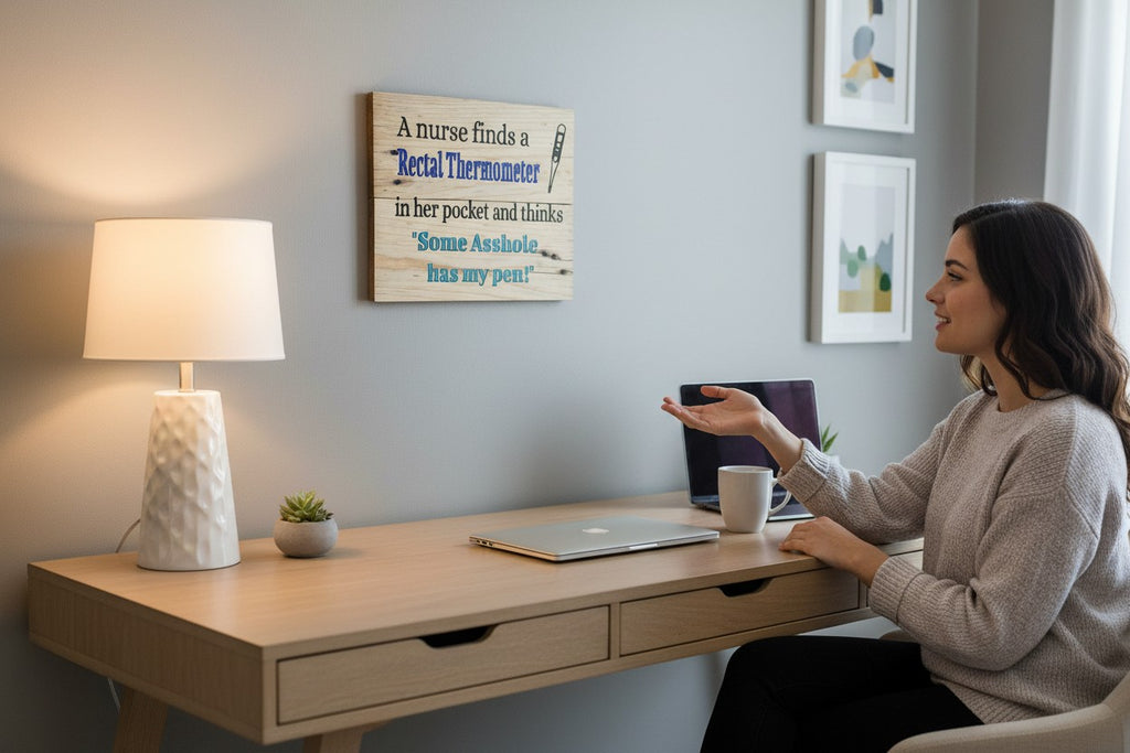 TK Wood Designs humorous nurse wooden wall sign hanging above a desk in a home office setting.