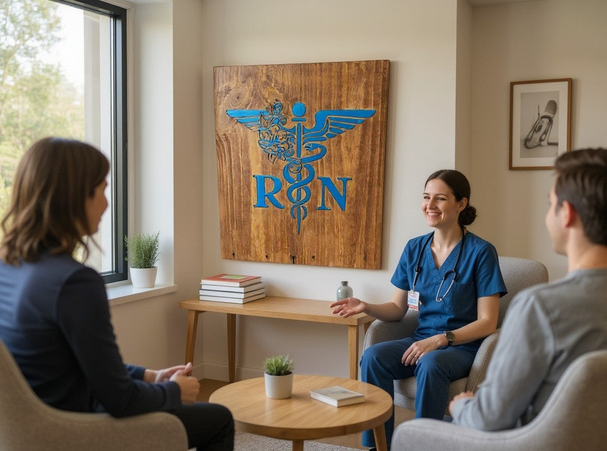 TK Wood Designs wooden wall sign featuring a blue caduceus and RN symbol displayed in a professional medical office.