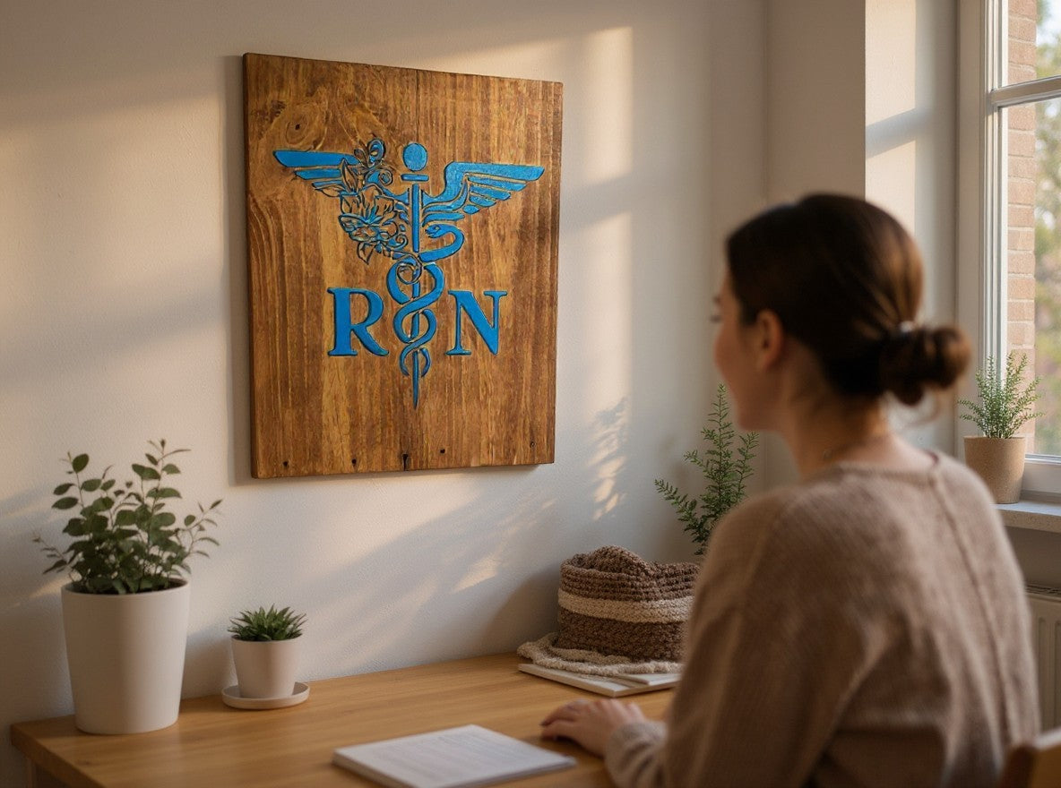 TK Wood Designs wooden wall sign with a blue caduceus symbol and RN lettering, displayed in a sunlit home office.