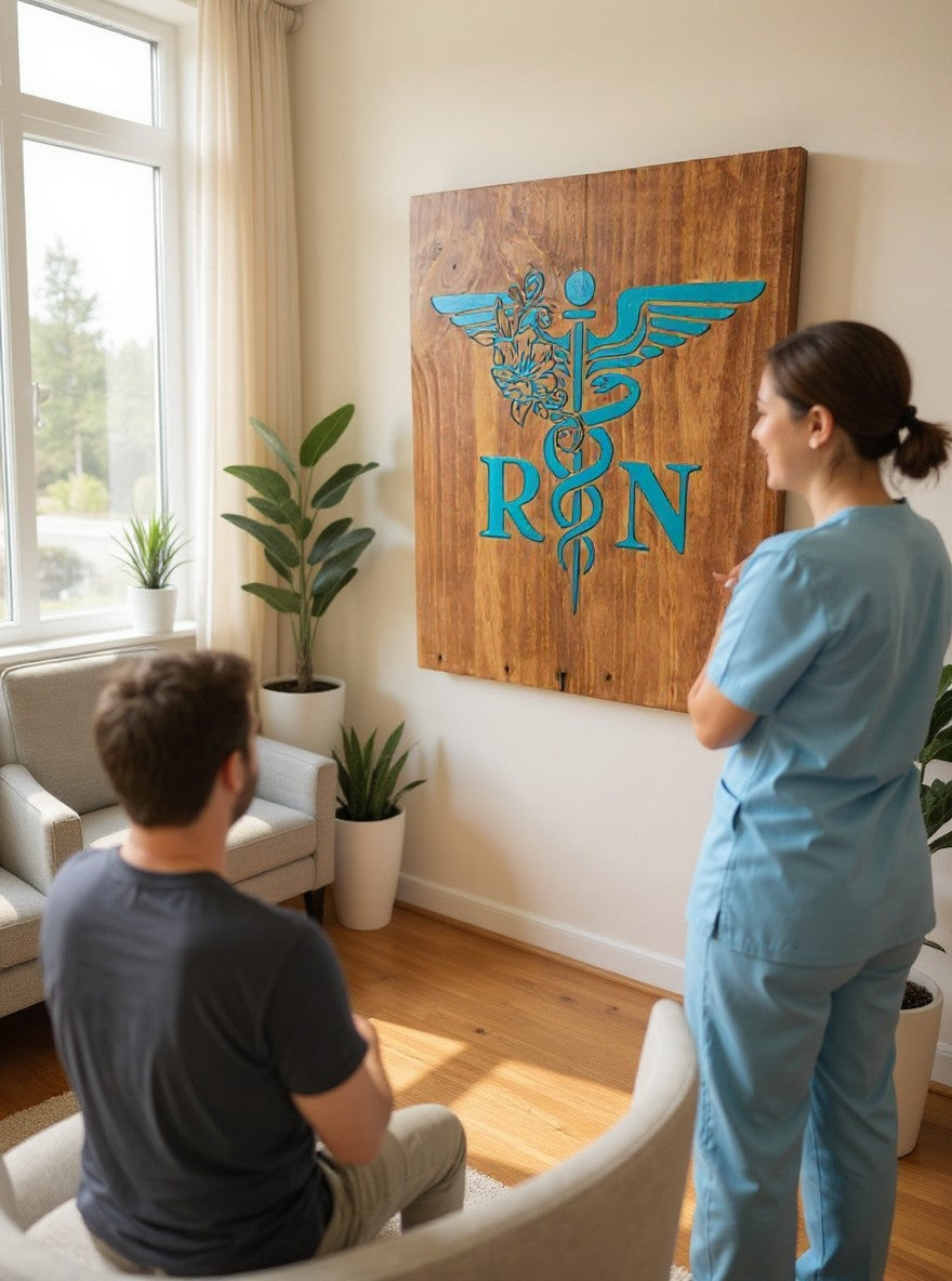 TK Wood Designs wooden wall sign featuring a blue RN caduceus symbol with floral accents in a bright home office.