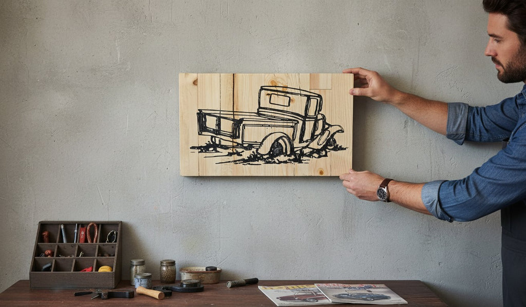 TK Wood Designs rustic wooden sign with a black line drawing of an old pickup truck.