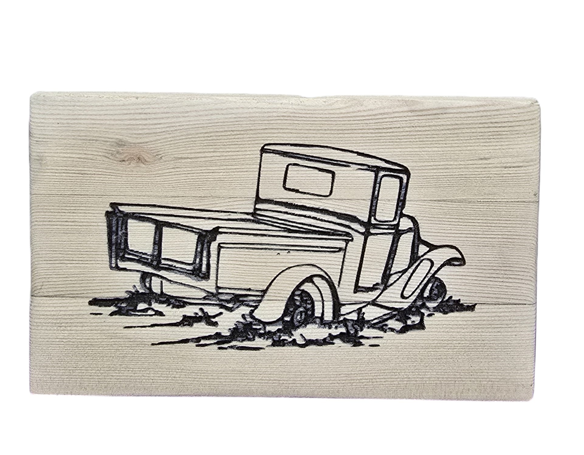 TK Wood Designs rustic reclaimed wood sign with a black line drawing of an old pickup truck stuck in mud.