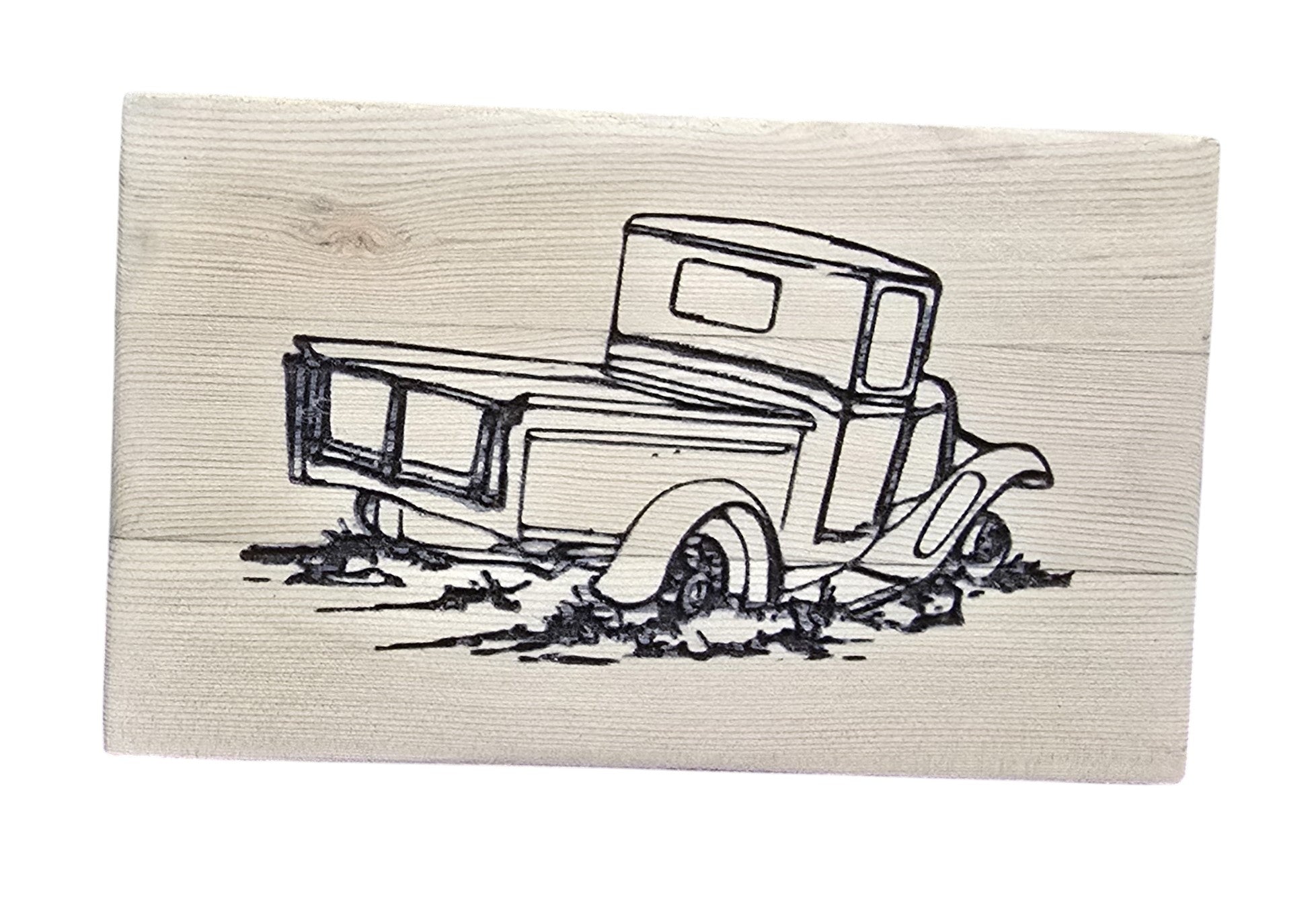 TK Wood Designs rustic reclaimed wood sign with a black line drawing of an old pickup truck stuck in mud.