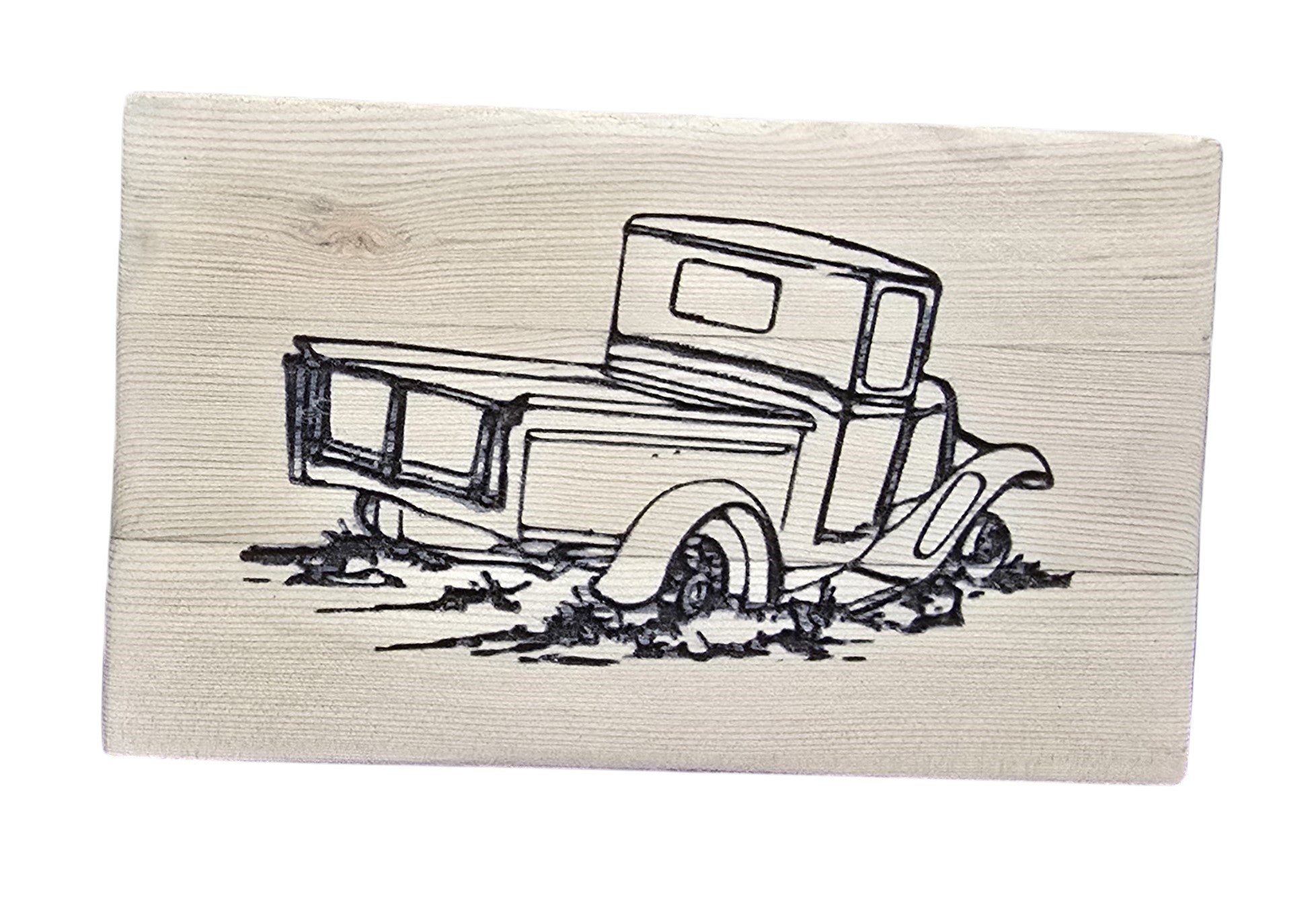 TK Wood Designs rustic reclaimed wood sign with a black line drawing of an old pickup truck stuck in mud.